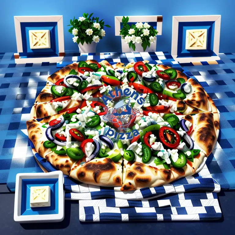 Athen's Pizza QR Code with delicious Greek pizza with lots of toppings